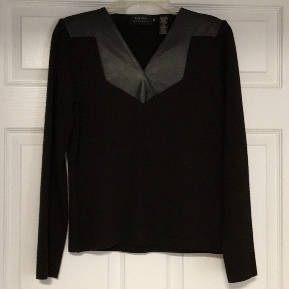 DANA BUCHMAN chocolate brown wool sweater Leather trim 22.5 in long EUC